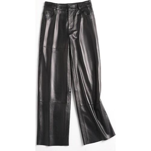 Real Sheepskin Leather Pants Women High Waist Woman Pants Black Womens Trousers Plus Size 4xl 2021 Ropa De Mujer Pph2884