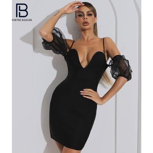 PB Stylish Black Mini Slip Dress Sexy V Neck Short Sleeves Celebrity Party Club Bandage Vestido Free Shipping