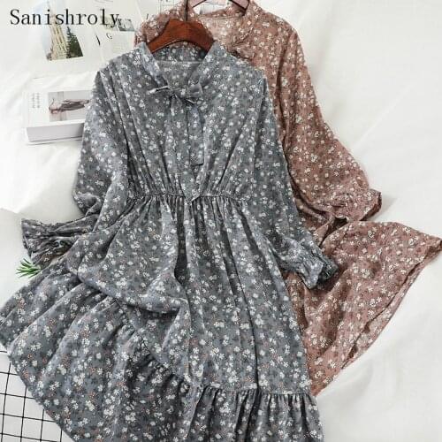 Sanishroly Spring Autumn Women Long Sleeve Long Dress Tie Bow Floral Print Dresses Ladies High Waist Ruffles Dress Vestidos C090