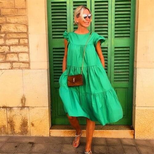 Casual Loose Green Dress Women 2021 Summer Holiday Ruffled Sleeve Ruched A Line Dresses Korean Elegant Beach Wear Party Club