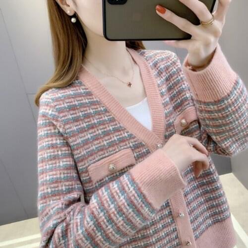 19912 real shot V-neck color matching fake pocket knitted cardigan