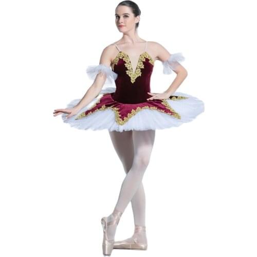 Burgundy Velvet Top Bodice Gold Pre-professional Ballet Tutu Girl & Stage Performance Ballet Tutu Ballerina Dance Costume Tutu