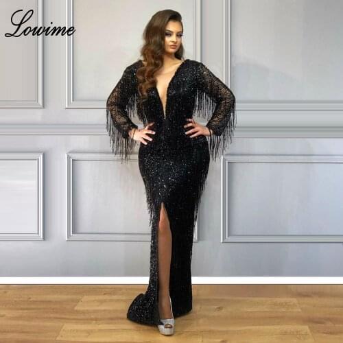 Plus Size Black Dubai Evening Dresses 2020 Mermaid Sequins Formal Evening Gowns Arabic Robe De Soiree Sexy Prom Gowns Party