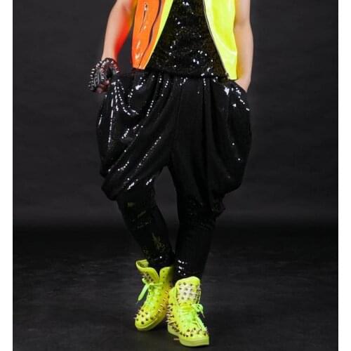 Black Singer costumes 1 pants men 1 pants man stage trousers loose Sequins harem pants mens Original Provide custom