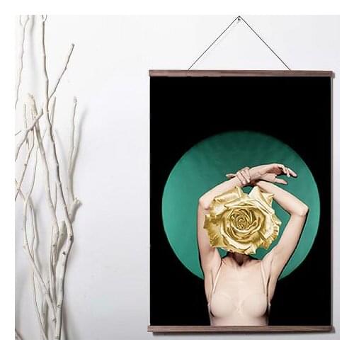 Flowers Leaves Woman Fashion Yellow Theme Painting Art Canvas Print poster decoration painting with solid wood hanging scroll