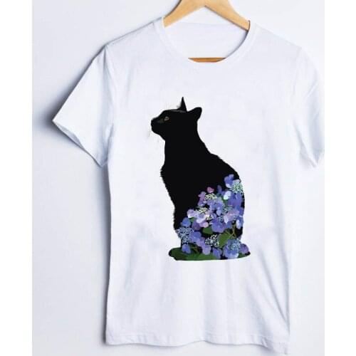 Tees for Women Print Cat Pet Cute 90s Floral Flower Animal Ladies Clothes Lady Tops Clothing Female T Shirt Womens T-Shirt