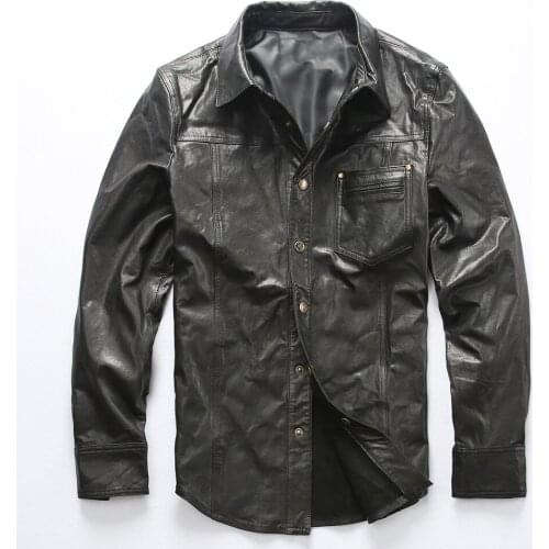 2020 Mens Spring Summer Thin Genuine Leather Single Breasted Black Coat Classic Vintage Casual Motorcycle Rider Jacket