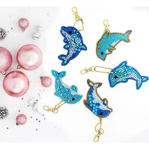 5Pcs Set DIY Full Drill Diamond Painting Keychain Cartoon Animals Blue Dolphin Keyring 5D Diamond Painting Cross Stitch