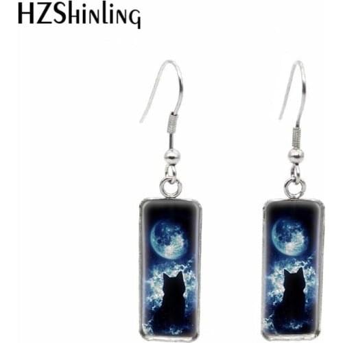 2020 New Cat Silhouette Moon Earring Cats Painting Rectangular Earring Hook Earrings Glass Dome Jewelry Handmade