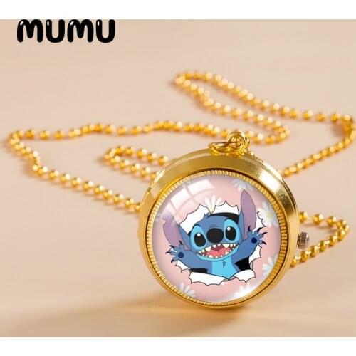 2021 New Lilo and Stitch Pocket Watch Necklace Angel Gold Color Vintage Watch Glass Dome Pendant Jewelry Gifts Children