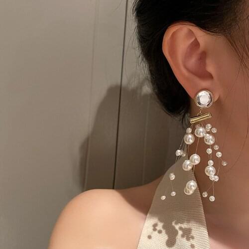 2021 new pearl crystal earrings exaggerated atmosphere fluffy earrings tassel long earrings women