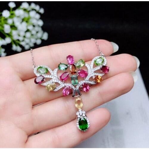 Natural Multicolor tourmaline necklace natural gemstone pendant necklace S925 silver Luxurious Flower girl gift fine jewelery