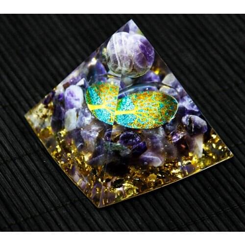 Amethyst Life Tree Pyramid 3D Paperweight Centerpiece Energy Pyramid Home Feng Shui Reiki Energy Pyramid Purification Ornaments
