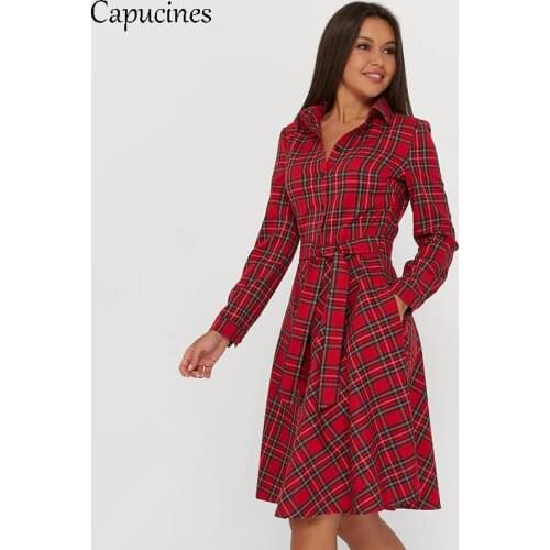 Capucines Vintage Scottish Plaid Shirt Dress Women Autumn Long Sleeve Turn-down Collar Belt Button A line Casual Dresses Vestido