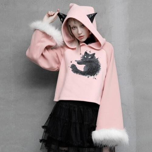 PUNKRAVE Womens Gothic Cat Print Loose Plush Velvet Hoodie Daily Wear Thick Warm Playful Cute Sweater