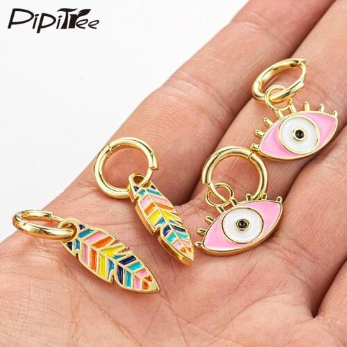 Pipitree Rainbow Enamel Leaf Drop Hoop Earrings For Women Girls Pink Evil Eye Pendant Dangle Earring Fashion Jewelry