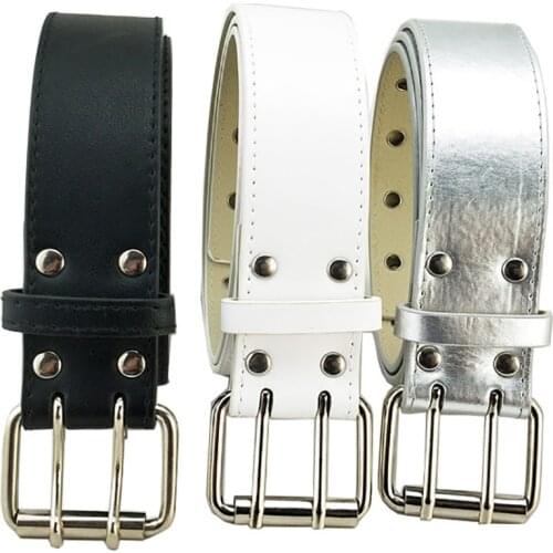 Faux Leather Belt Punk Double Prong Buckle Casual Belt Trousers Belt Decorative Belt Chain Luxury Brand Belts for Women Men
