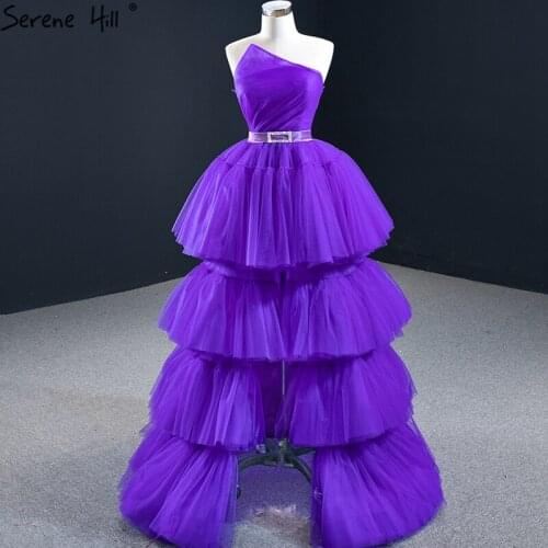 Serene Hill Purple Off Shoulder Tiered Sashes Evening Dress 2020 Latest Sleeveless Lace Up Formal Party Wear Gown CHM67147