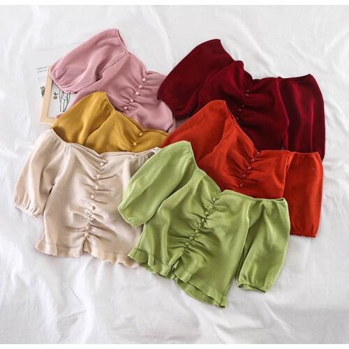 Buttons square collar cropped T-shirt new female students short sleeve pleated tshirts crop tops for girls 2020 summer