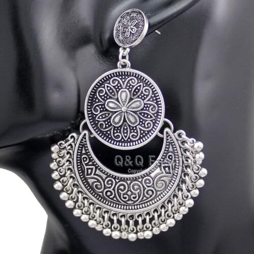 Vintage Cold Silver Plated Tribal Ethnic Bali Jhumka Jhumki Brocade Bead Lotus Mexico Gypsy Dangle Earrings Jewelry New