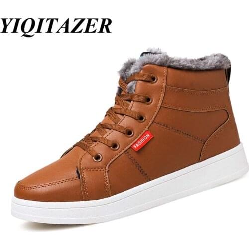 YIQITAZER 2018 Winter Warm Plush Casual Men Leather Shoes,High Quality High Top Snow Leather Shoe Man Black Brown Waterproof