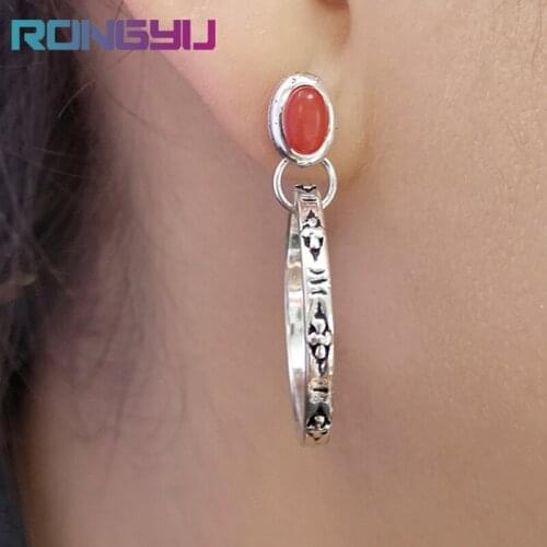 Bohemian Style New Retro Turquoise & Red Agate Gemstone Earrings Womens Ancient Silver Geometric Large Circle Pendant Earring