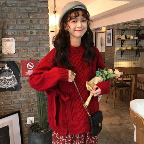 Woman Sweaters Chandails Autumn Lace-up Split Cable Loose-Fitting Long-Sleeved Knitted Sweater For Women