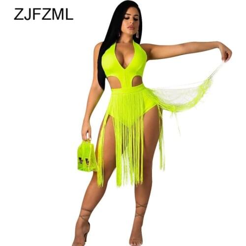 Waist Band Cut Out Tassels Sexy Beach Bodysuit Women Open Back Bandage Short Jumpsuit Summer V Neck Neon Green Bodycon Playsuit