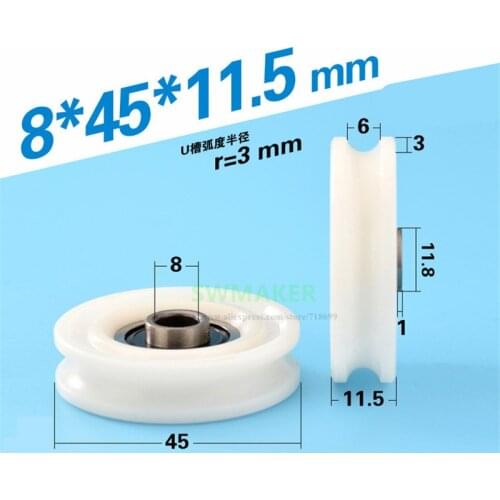 1pcs 8*45*11.5mm U-grooved door and window pulley with groove, plastic-coated bearing wheel pom/PA66 nylon guide wheel