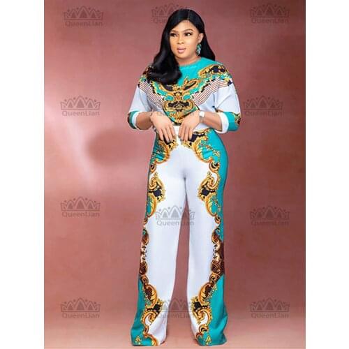 2021 Dashiki African Wide Leg Trousers 4 Colors New Fashion Suit (Dress and Trousers) Short Sleeves African For Lady(KJK#)