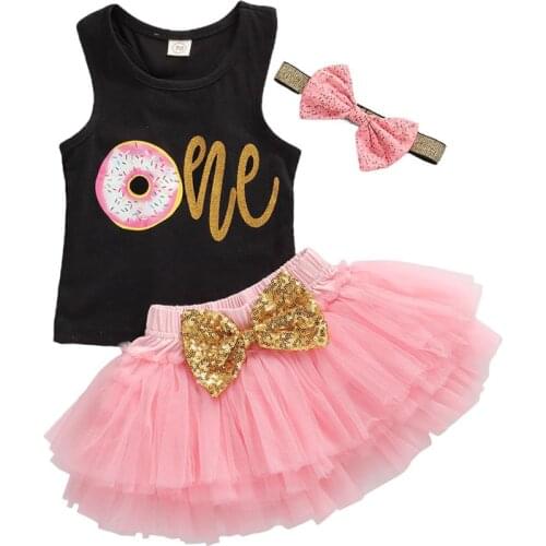 Infant Newborn Birthday Baby Girl Clothes Vest Top Lace Tutu Mini Skirt Bow Headband Party 3Pcs Outfit Set