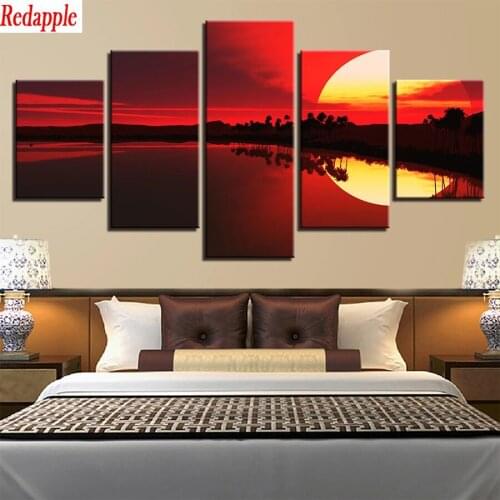 Diamond Mosaic Sunset seascape round drill Cross Stitch Diamond Embroidery Art Painting Full Square Decor For Home5 Pcs