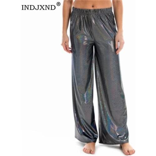 INDJXND Women Summer Trousers Black Wide Leg Loose Pants Ankle Length Shiny Pants Casual Trouser Elastic Waist Plus Size Pants