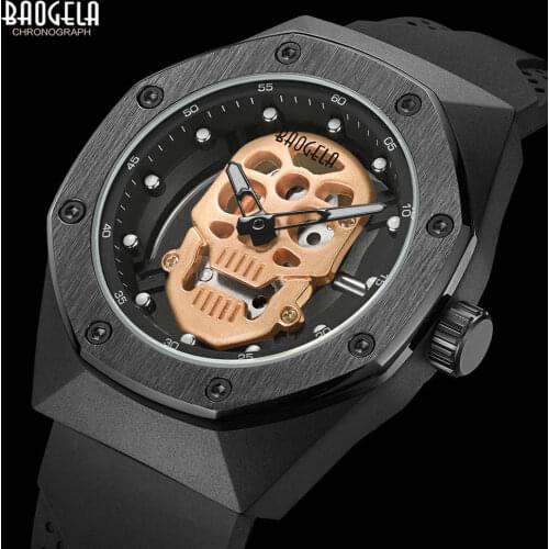 BAOGELA Mens Skull Quartz Watches Luxury Military Sports Wristwatch Male Silicone Skeleton Watch Male Relogios Masculino 1902