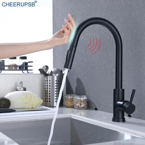 Black Kitchen Sink Touch Faucet Deck Mount Pull Out Touching Sensor Mixer Tap Gold Hot Cold Water Crane Inductive Sensitive Taps