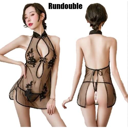 Erotic Cosplay Costume Transparent Cheongsam Dress Thongs Set Women Summer Perspectivity Sexy Qipao Uniforms Nightwear Lingerie