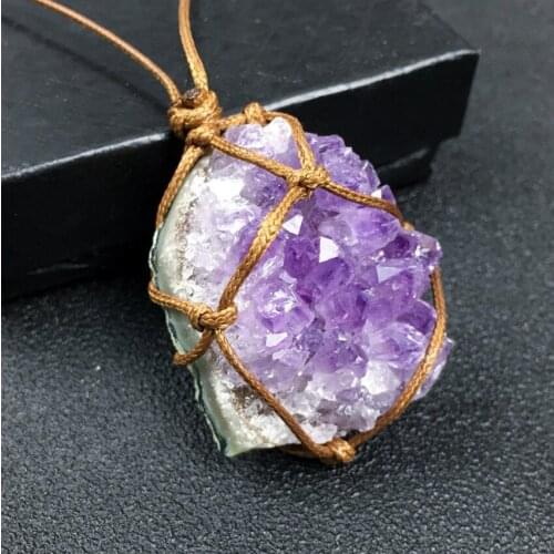 FYJS Unique Handmade Weave Wrap Irregular Shape Cluster Amethysts Crystal Pendant Necklace Ethnic Style Jewelry