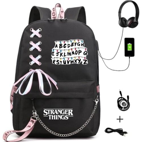 Stranger Things Backpacks Women Men Student USB Charge Canvas Backpack Letters Print School Bag Teenager Girls Ribbons Mochila