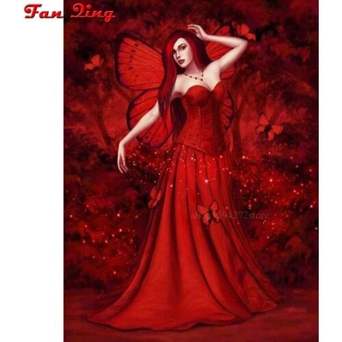 Beauty Fairy Elf in Red Dress 5D Diamond Embroidery Cross Stitch Full Square Round Rhinestone Painting Mosaic Room decor Art