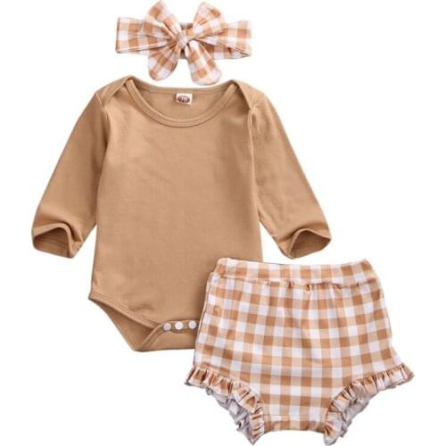 Fashion Hot Newborn Infant Baby Girl Bodysuit Tops Plaid Print Short Pants Headband Outfit Clothes 3Pcs Warm Autumn 0-2Y