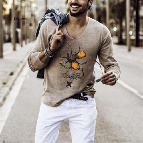 Autumn New Hot Sell Vintage Style Mens Tshirts Fashion Daisy Printed T Shirt Man Loose Long Sleeve V Collar Tees Shirts Top
