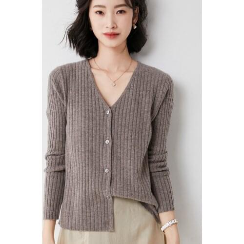 New Arrival Spring and Summer Cool Wool Knitted Cardigan Cashmere Sweater V-Neck Short Loose Long-Sleeved Jacket Solid Color