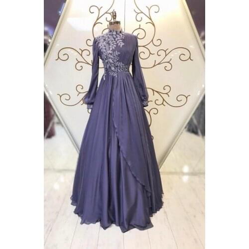 Chiffon Appliques Long Sleeve Muslim Prom Dress 2021 A Line Saudi Arabic Evening Formal Party Gowns платье robe de soirée