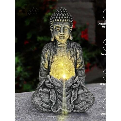 Buddha Statue Garden Ornament Zen Home Figurines With Cracked Glass Ball Solar Light Sculpture Balcony Yard Patio Decor