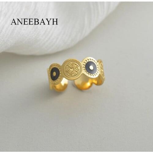 Bohemian Stainless Steel Round Shape Finger Rings For Women Black Enamel Texture Metal Gold Rings Anillos Mujer Party Gift 2021