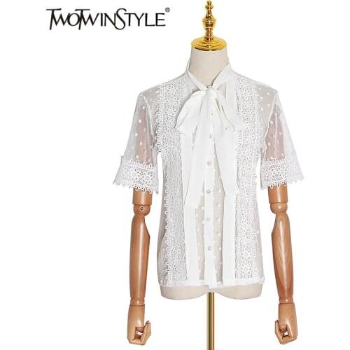 TWOTWINSTYLE Casual Patchwork Lace Women Shirt Lace Up Bow Collar Short Sleeve Perspective Blouse For Female Clothing Fashion