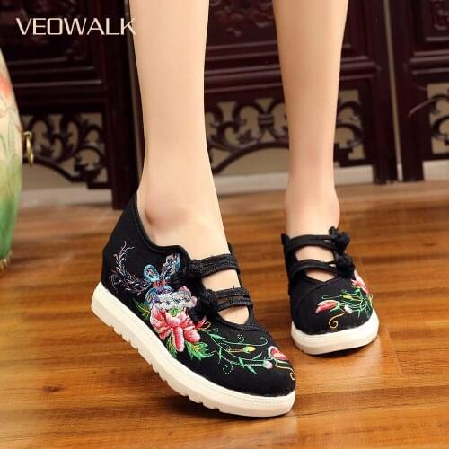Veowalk Vintage Embroidery Women Canvas Platform Sneakers Comfortable Cotton Embroidered Low Top Thick Bottom Shoes for Ladies