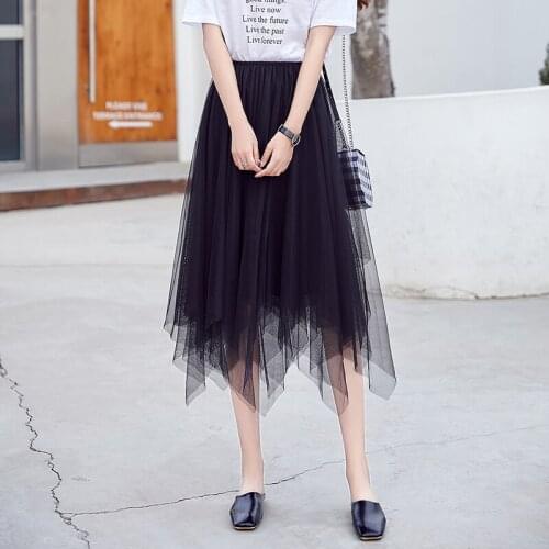 AIYANGA 2019 Women Mesh Skirts Casual Asymmetrical Mid-calf Skirt Female Street Travel Wear fashion slim Black Skirt