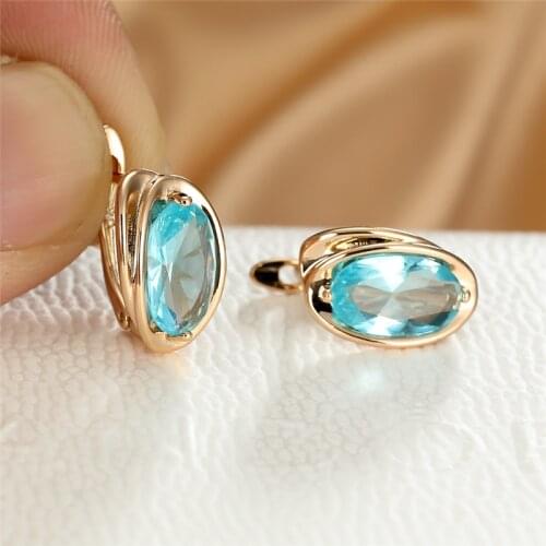 Aqua Blue Zircon Oval Stone Earrings Female Minimalist Luxury Crystal Earrings Vintage Gold Color Small Hoop Earrings For Women