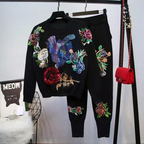 2021 Spring New Knitted Two Piece Set Womens Embroidery Print Sweater & Trousers Tracksuit Sets Ladies Sequin Sporting Suit Set